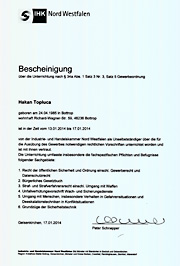 IHK - Bescheiningung über die Unterrichtung nach §34a Abs. 1 Satz3 Nr. 3, Satz 5 GewO